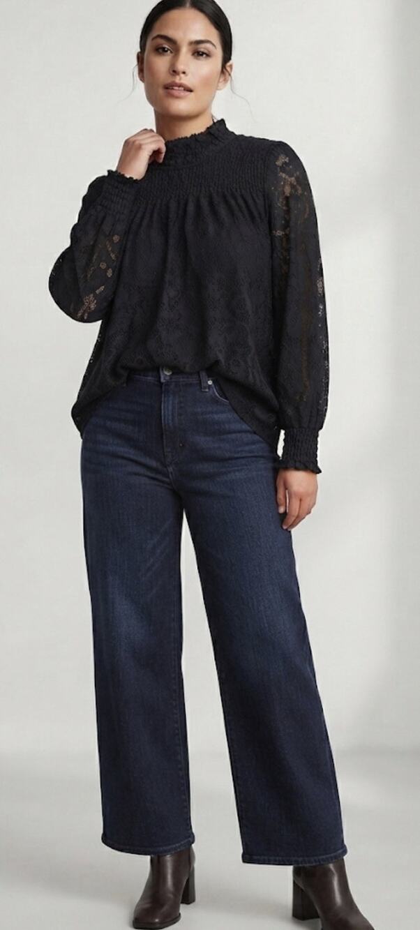 Cable & Gauge Black Stretch Floral Lace Smocked Mock Neck Long Sleeve Blouse XL